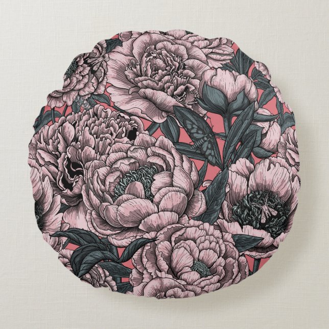 Cojín Redondo Flores y polillas rosadas (Anverso)