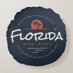 Cojín Redondo Florida Miami Beach Retro Atardecer Palma Tropical