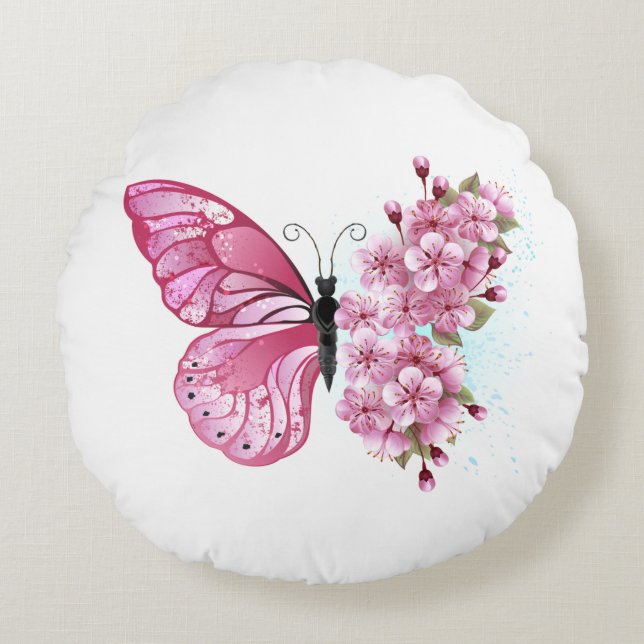 Cojín Redondo Flower Butterfly with Pink Sakura (Anverso)