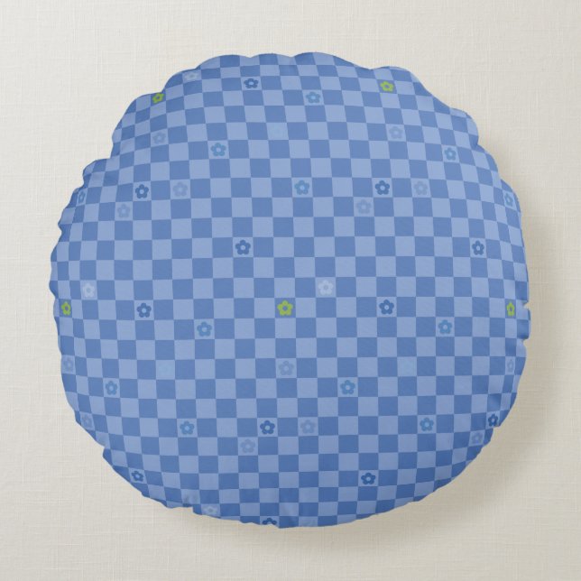 Cojín Redondo Flower Checkered Pattern No. 01 - Light Blue (Anverso)