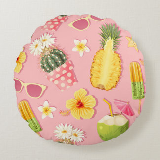 Cojín Redondo Flowers and exotic fruits vintage seamless pattern