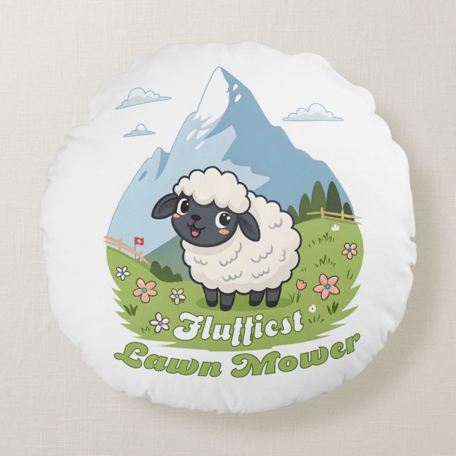 Cojín Redondo Fluffiest Lawn Mower – Adorable Blacknose Sheep (Anverso)
