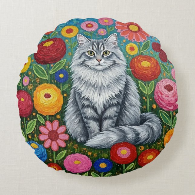 Cojín Redondo Fluffy Gray Striped Cat with Folk Art Flowers (Anverso)
