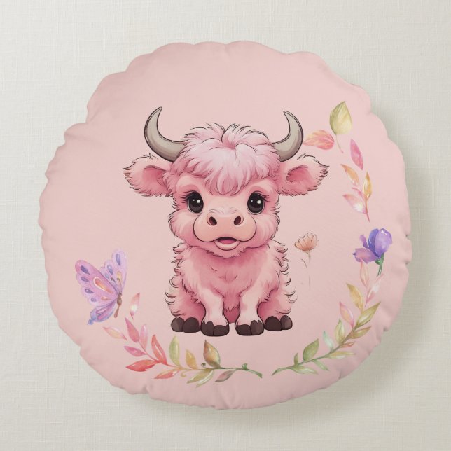 Cojín Redondo Fluffy Pink Highlands Scottish Cow (Anverso)