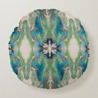 Cojín Redondo Fluido Artístico Abstracto en Aqua y Verde
