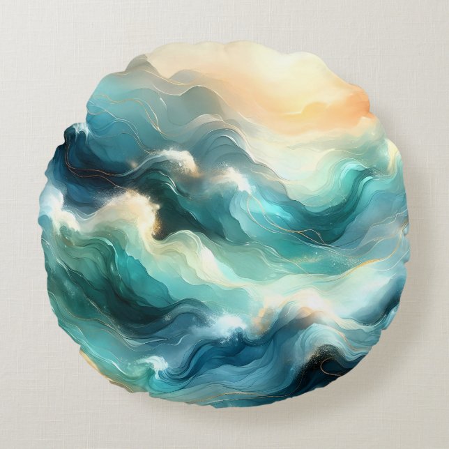 Cojín Redondo Flujo de Océano Dorado Ondas Abstractas (Anverso)