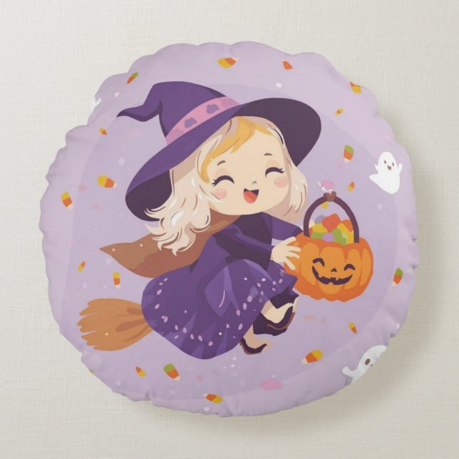Cojín Redondo Flying Witch with Pumpkin Round Pillow (Anverso)