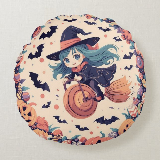 Cojín Redondo Flying Witch with Pumpkins Round Pillow (Anverso)