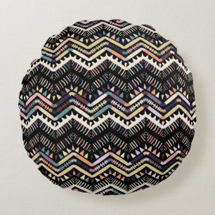 Cojín Redondo Folclore geométrico Ikat, patrón tribal azteca.