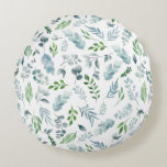 Cojín Redondo Foliage de eucalipto azul verde verde azul<br><div class="desc">Acuarela Azul Verde Azul Eucalipto Foliage Botánico Almohada redonda. Decore su hogar con esta elegante almohada de color agua botánica. Las hojas acuáticas en tonos verdes y azules.</div>