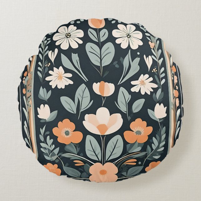 Cojín Redondo Folk floral azul oscuro (Anverso)