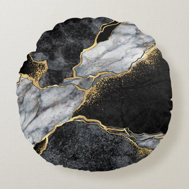 Cojín Redondo fondo abstracto, mosaico de mármol blanco y negro (Anverso)