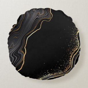 Cojín Redondo fondo de agate negro abstracto con venas doradas,