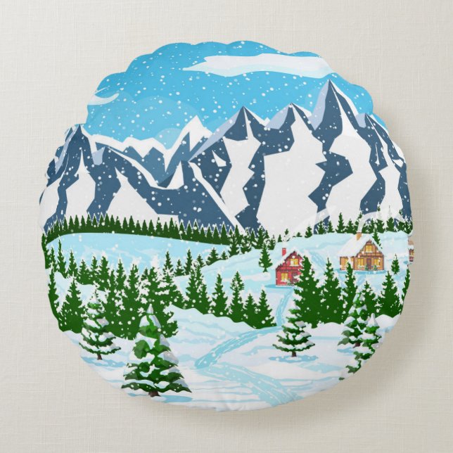 Cojín Redondo Fondo de navidades de invierno. Madera de pino y s (Anverso)