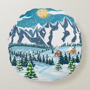 Cojín Redondo Fondo de navidades de invierno. Madera de pino y s