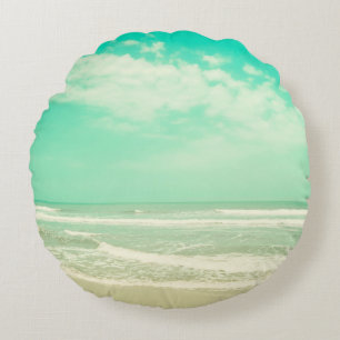 Cojín Redondo Fondo de playa retro turquesa menta, vintage, play