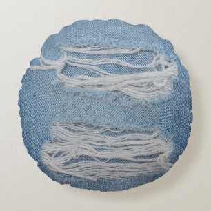 Cojín Redondo Fondo de textura de vaqueros de denim azul rotos. 