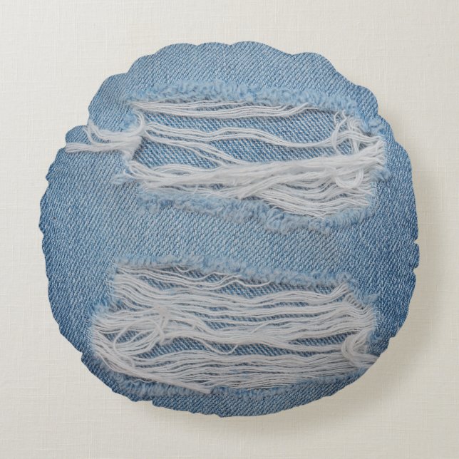 Cojín Redondo Fondo de textura de vaqueros de denim azul rotos.  (Anverso)