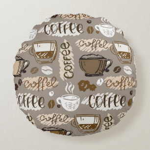 Cojín Redondo Fondo del patrón de café dibujado a mano
