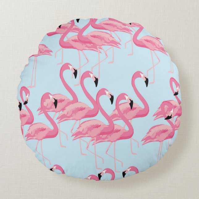 Cojín Redondo Fondo del patrón fluido del ave flamingo tropical (Anverso)