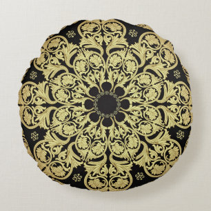Cojín Redondo Fondo Floral De Lujo Dorado Swirls