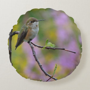 Cojín Redondo Fondo floral púrpura rosa de colibrí
