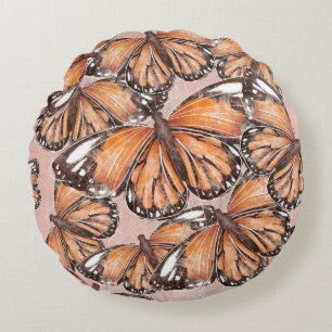 Cojín Redondo Fondo rosa de las mariposas del Almirante Rojo