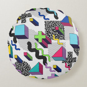 Cojín Redondo Formas geométricas multicolor, patrón retro.