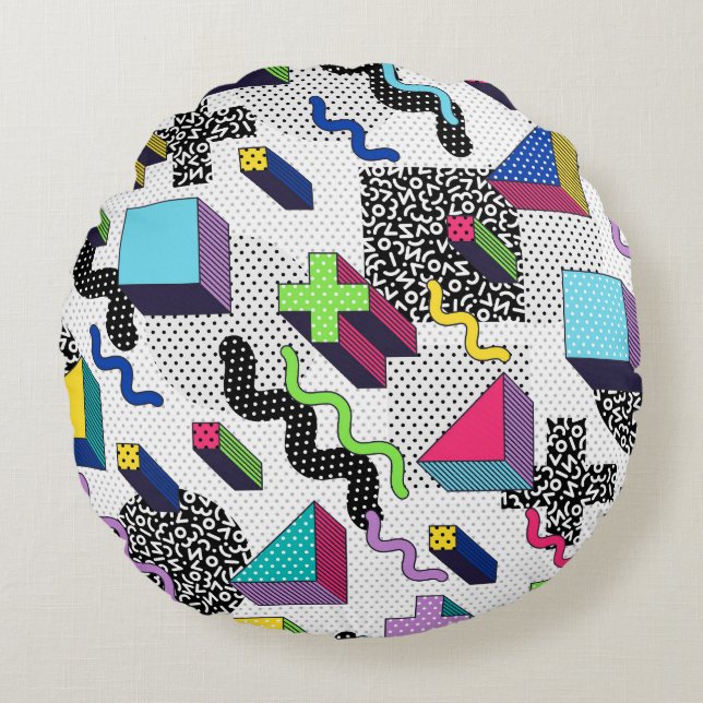 Cojín Redondo Formas geométricas multicolor, patrón retro. (Anverso)