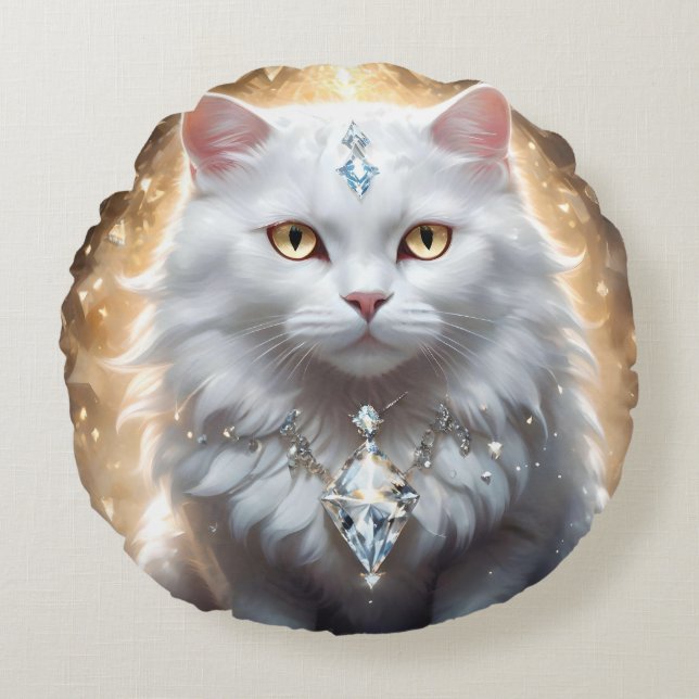 Cojín Redondo "Fortuna felina: La diva con diamantes" (Anverso)