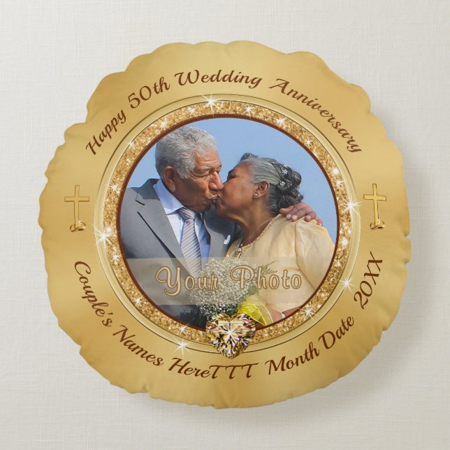 Cojín Redondo Foto cristiana, regalo tradicional del 50° anivers (Anverso)