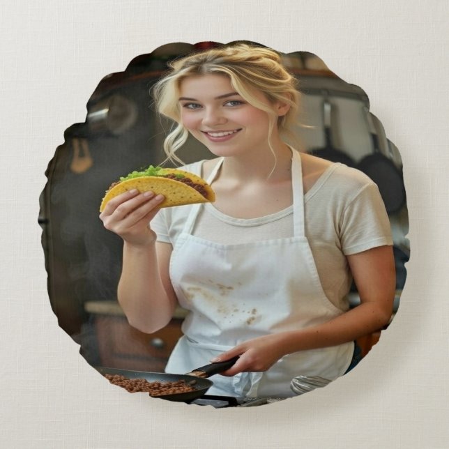 Cojín Redondo Foto de comer tacos personalizar (Anverso)
