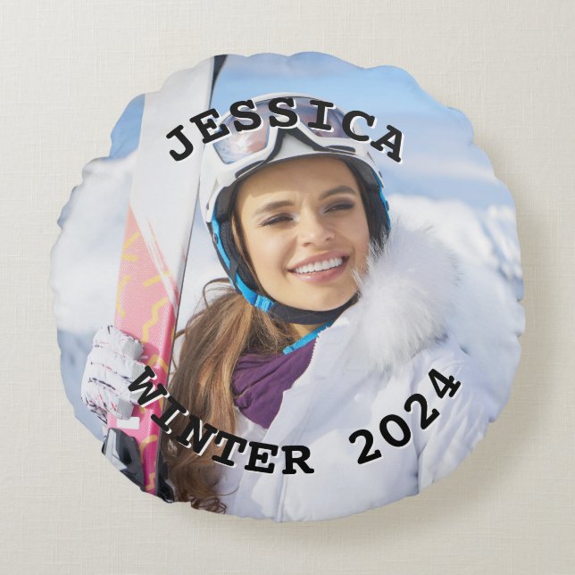 Cojín Redondo Foto de la familia de texto curvo en blanco y negr (Anverso)