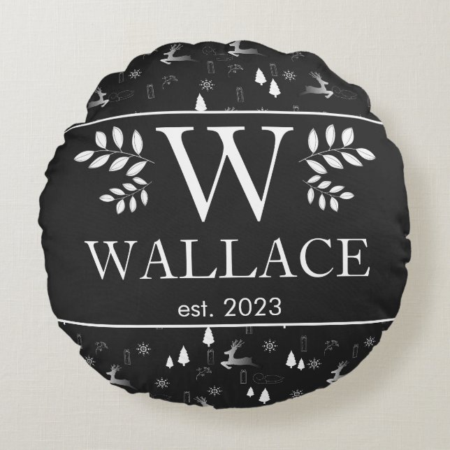 Cojín Redondo Foto de recién casados con monograma de Navidad si (Anverso)