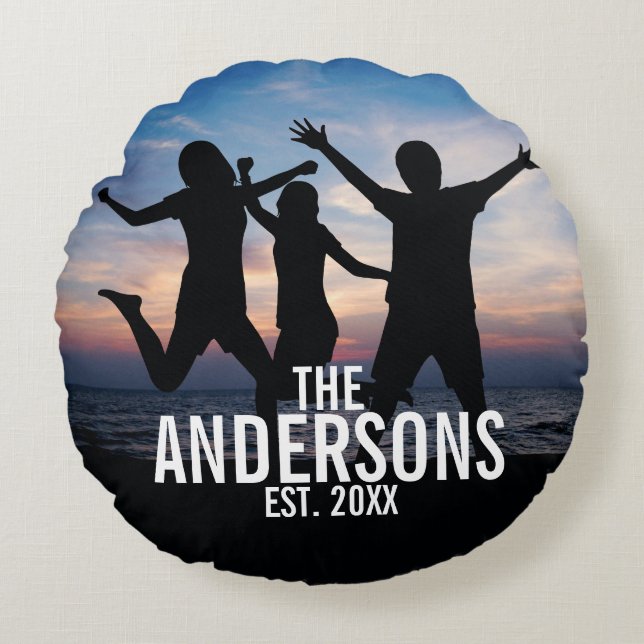 Cojín Redondo Foto familiar personalizada con nombre familiar (Anverso)