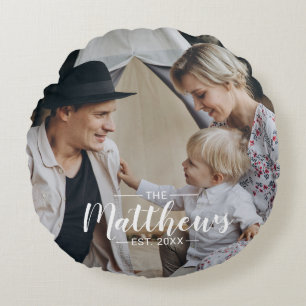 Cojín Redondo Foto personalizada con apellido y año de fundación