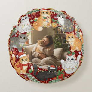 Cojín Redondo Foto personalizada de gato de Navidad y nombre