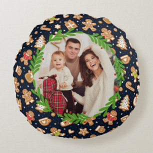 Cojín Redondo Foto personalizada de pan de jengibre navideño ado