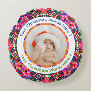 Cojín Redondo Foto personalizada Feliz Navidad Moderno Colorido