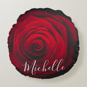 Cojín Redondo Fotografía de la cosecha de rosa rojo monograma pe