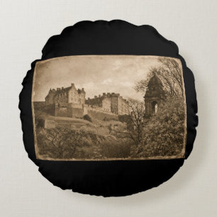 Cojín Redondo Fotografía sepia del Castillo de Edimburgo
