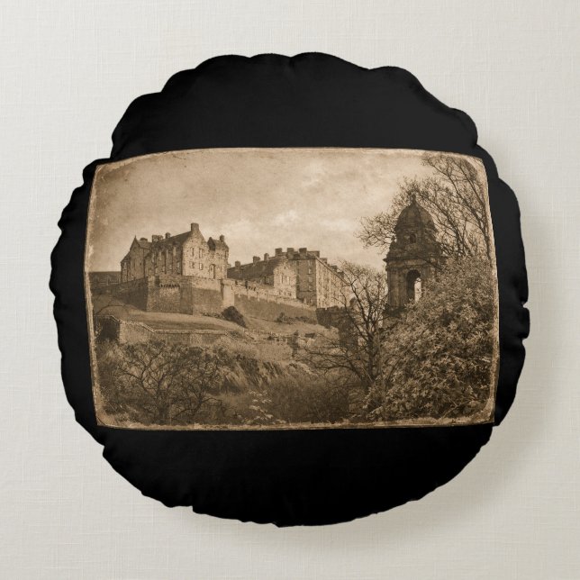 Cojín Redondo Fotografía sepia del Castillo de Edimburgo (Anverso)