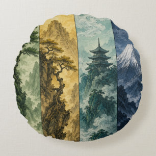 Cojín Redondo Four Seasons Mountain   Paisaje de Tinta Japonesa