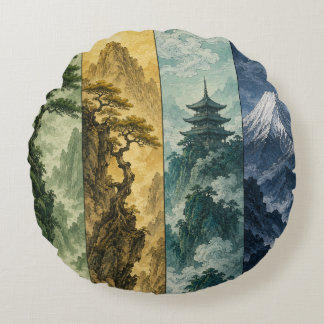 Cojín Redondo Four Seasons Mountain | Paisaje de Tinta Japonesa