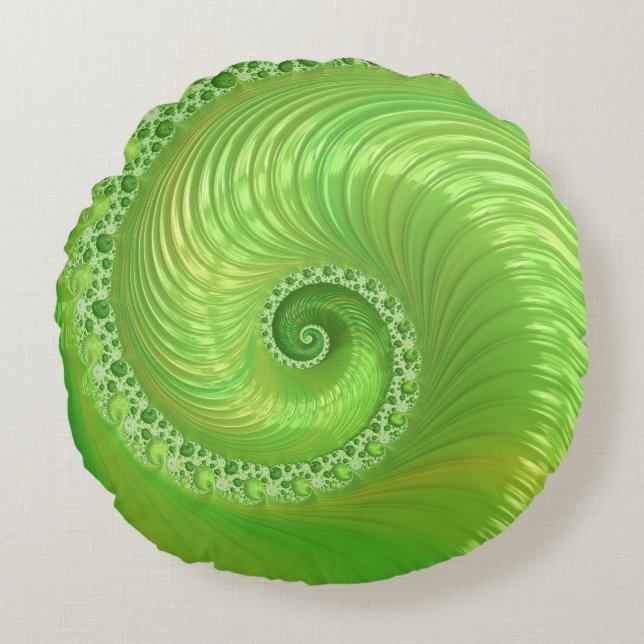 Cojín Redondo Fractal de espiral verde moderno (Anverso)