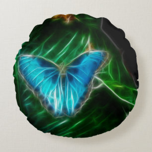 Cojín Redondo Fractal de mariposa de morfo azul eléctrico