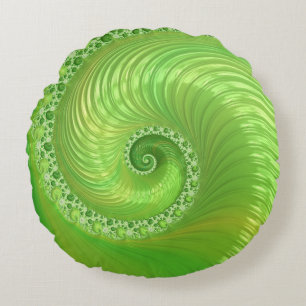 Cojín Redondo Fractal en Espiral Verde Moderno