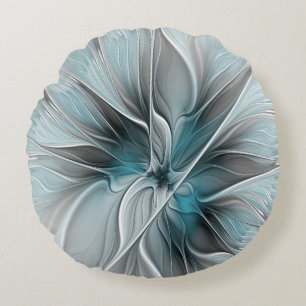 Cojín Redondo Fractal floral moderno abstracto flor azul gris