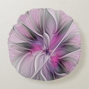 Cojín Redondo Fractal floral moderno abstracto flor rosa gris