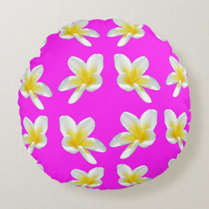 Cojín Redondo Frangipani Rubor: Frangipani amarillo florece en r